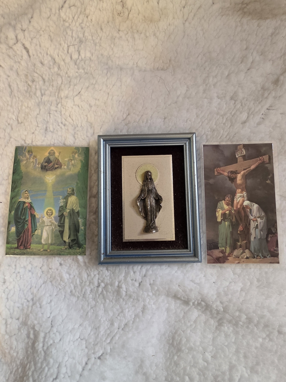 Vintage Italian Metal Virgin Mary Frame & Holy Prayer Cards Bundle (3-pc)
